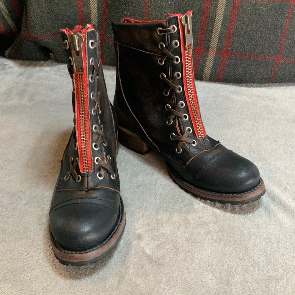 Freebird by Steven Liverpool Black Leather Combat Boots Red Zip Womens 8